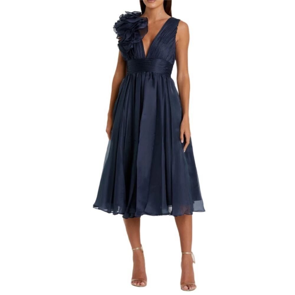 Mac Duggal Navy V-Neck Midi Dress with Rosette Shoulder